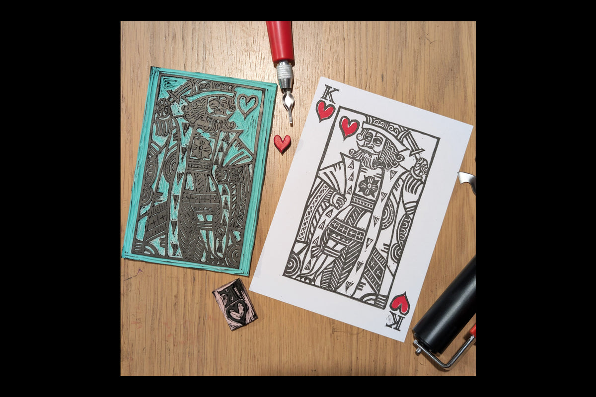 "King of Hearts" - 5 x 7 - Hand-carved Lino Block Print - Signed & Limited Of 20