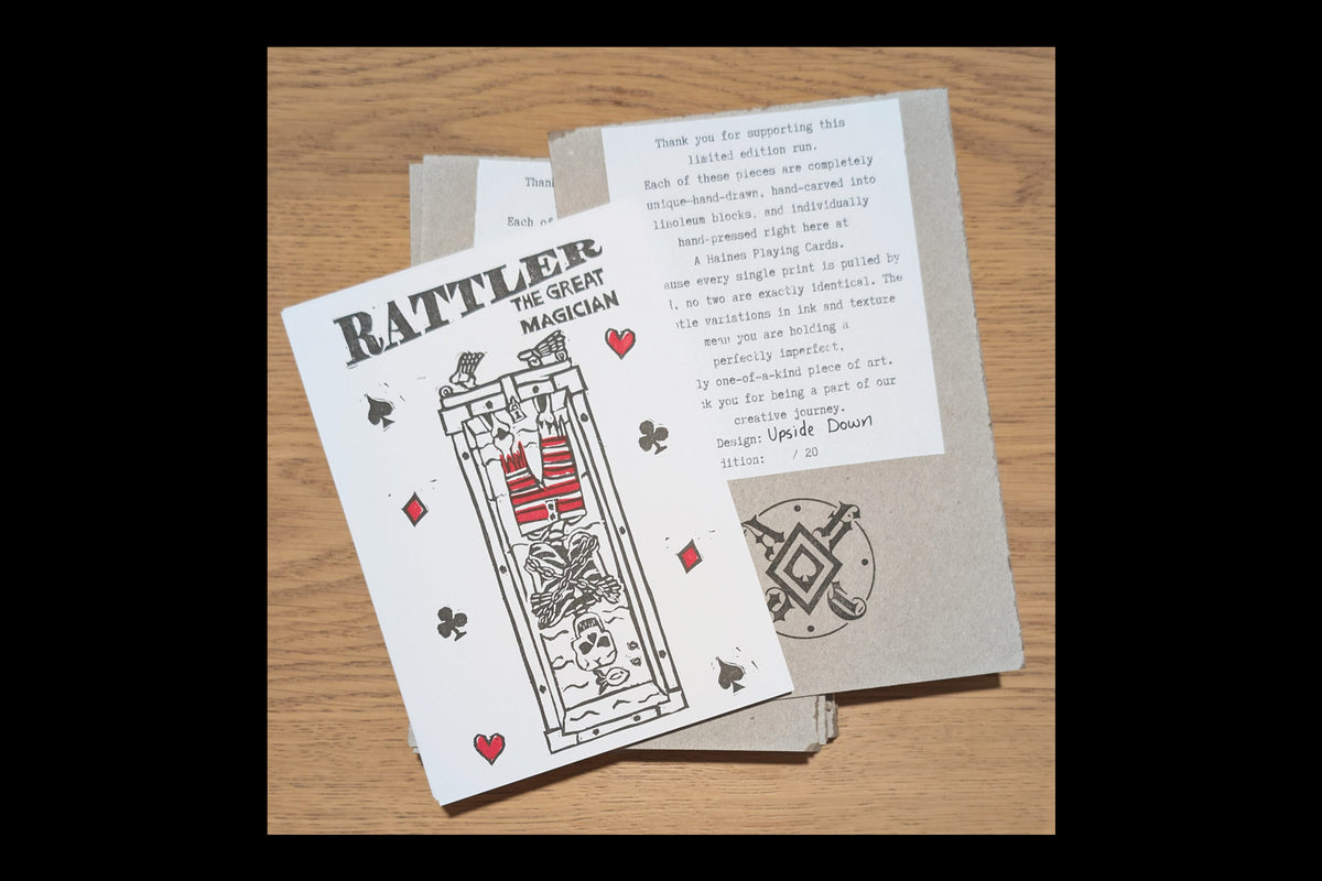 "Upside Down" - Rattler The Great Magician - 5 x 7 - Hand-carved Lino Block Print - Signed & Limited Of 20