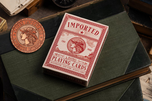 premium vintage playing cards - imported playing  cards burgundy edition - hand-drawn - antique effect collectable copper coin - a haines - manchester england